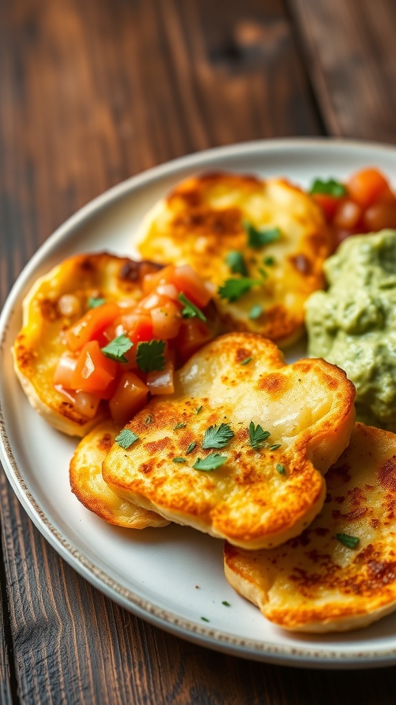 Toasted queso panela slices served with salsa and guacamole on a rustic table.